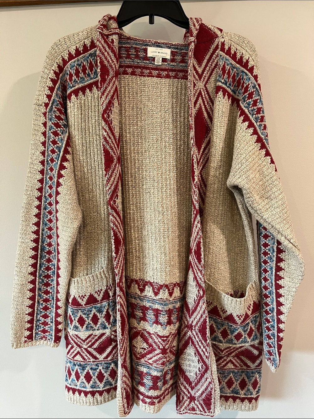 Lucky Brand - L, Red/Blue/Cream Hooded Fair Isle Open Cardigan/Jacket, Southwest